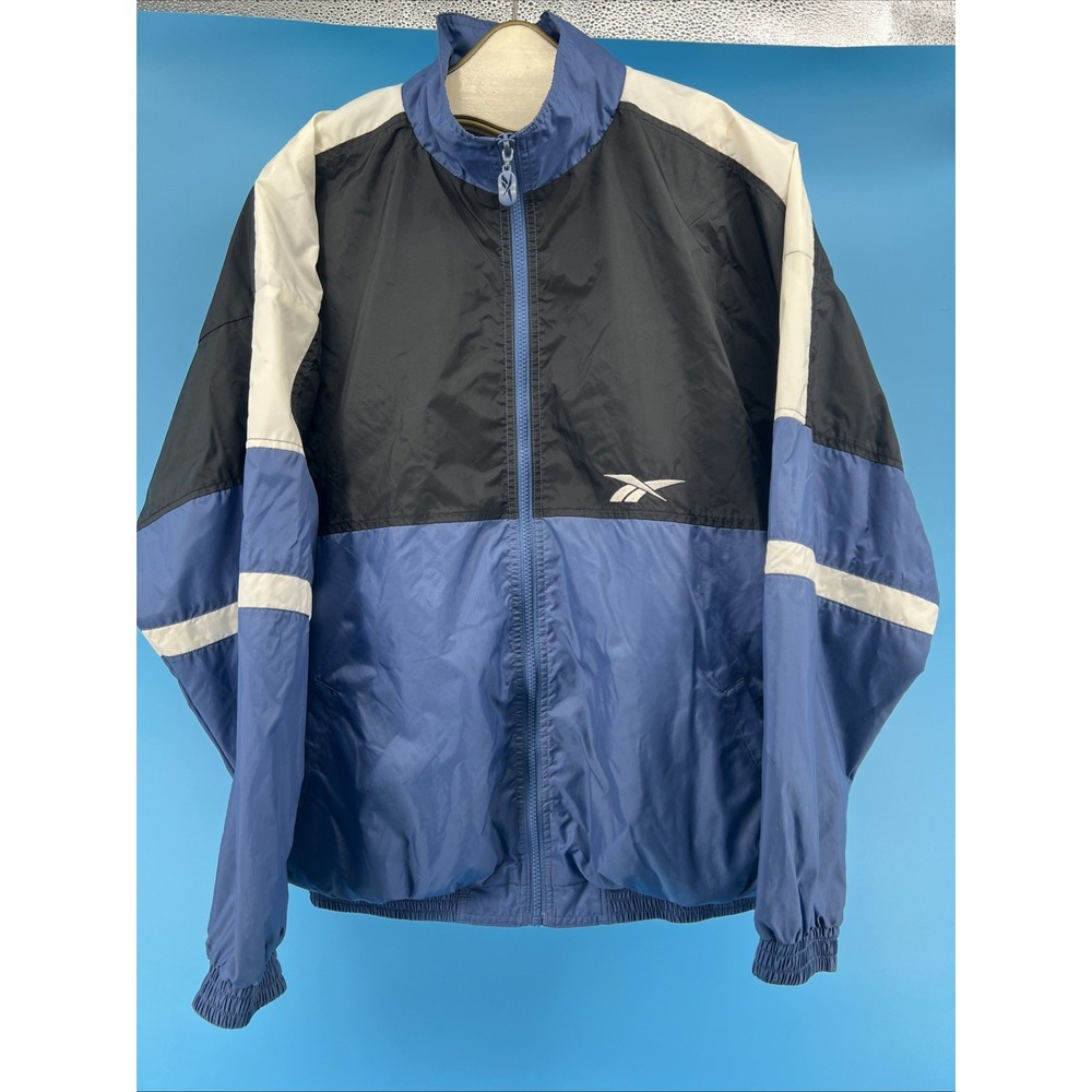 Vintage Reebok‎ Jacket Mens Large Blue Black Colorblock Full Zip Windbreaker 90s